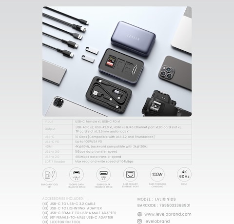 Levelo Versaport 10-In-1 Storage Docking Station: USB-C 3.2 10Gbps, USB 3.0 5Gbps, 100W PD Charging, RJ45 Gigabit Ethernet, Mic/Audio 2-In-1, 4K@60Hz HDMI, Sim Card Tool Set