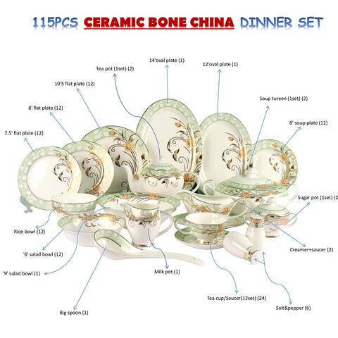 XIANGYU Dinner Set Porcelain Gold, 115pcs tea set. New Ceramic Bone China, The rich and colorful designs with real 24K gold