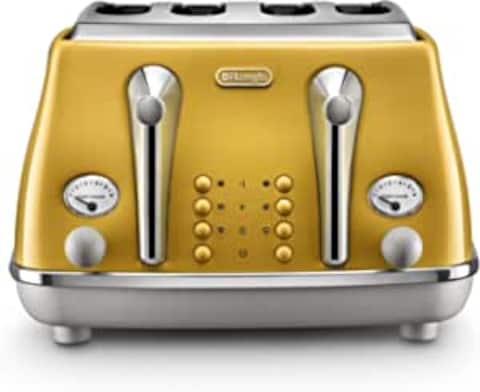 De&#39;Longhi Icona Capitals Yellow Vintage Style 4 Slice Toaster, 6 Browning Levels, 4 Extra Wide Bread Slots, Defrost And Reheat Functions, Removable Crumb Tray, Ctoc4003.Y