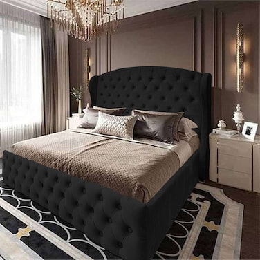 إن هاوس سيرين هيكل سرير منجد بالمخمل - نفر ونص - 200×150 سم - أسود