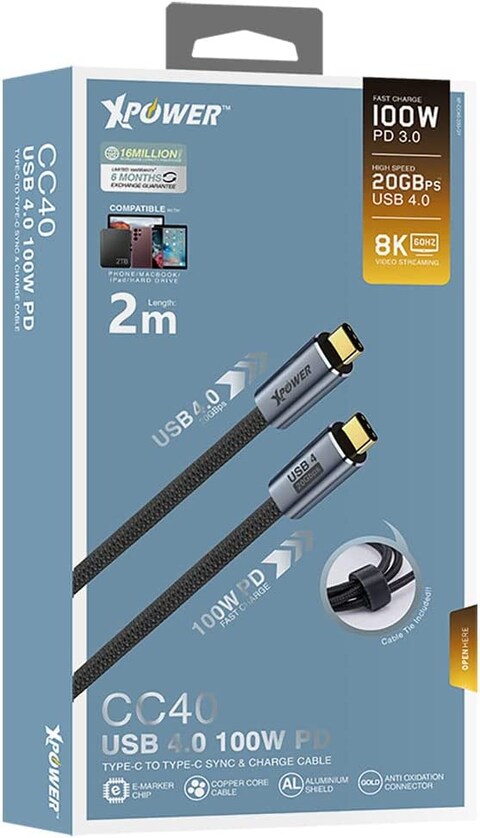 Xpower USB 4 Cable [2 Meter]  100W PD 3.0 Fast Charging 20Gbps Data Transfer 8K Video 60 Hz USB-C with e-marker chip for Smart Phone / Macbook / iPad / Hard Drive - USB4 2M