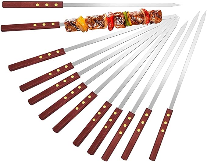 Skewers for Kabobs, Stainless Steel Kebab Long Skewers for BBQ Reusable with Wood Handle (12 Pcs)