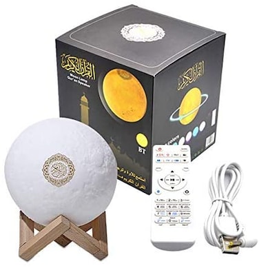 Swthlge 4 In 1 Quran Moon Lights 3D Print Lamp 7 Colors LED Night Light, Bluetooth Speaker With Remote, Quran Recitations And Song, FM Broadcast