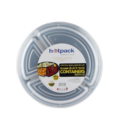Hotpack 3 Compartment  Black Base 48 ounce with Lid, 5 Pieces
