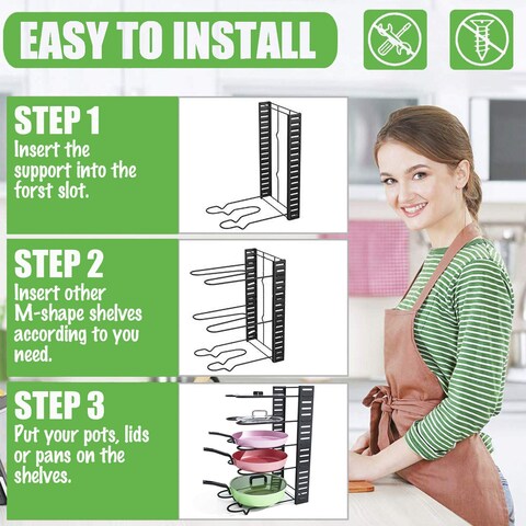 Doreen Expandable Pan Rack Organizer with Knife Holder,7+Adjustable Pot Lid Holders Bakeware Rack,Kitchen Cookware Pantry Cabinet Storage Rack with 7 Expandable Adjustable Dividers (Black)