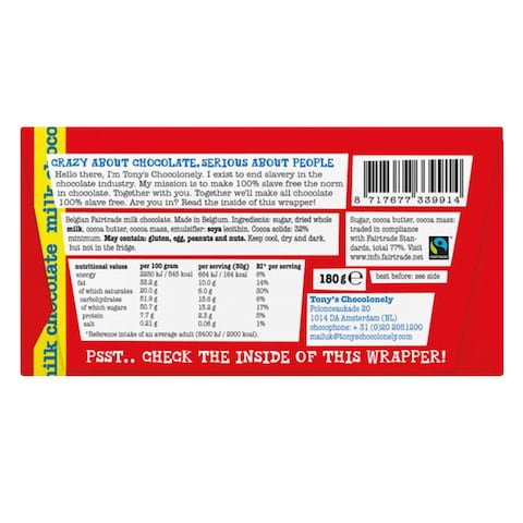 Ben  Jerrys Tonys Chocolonely Milk Chocolate Bar 180G