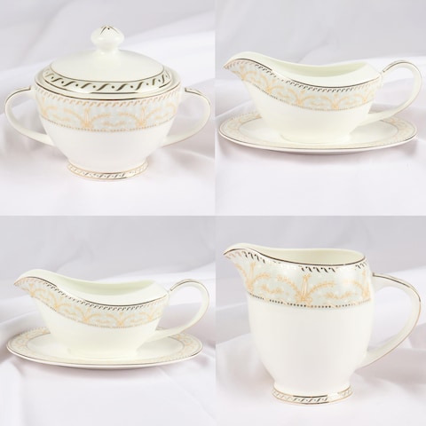 XIANGYU Dinner Set Porcelain Gold, 115pcs tea set; 10&#39;5 flat plate- (12) , 8&#39; soup plate- (12) 8&#39; flat plate- (12), 7&#39;5 flat plate- (12) 6&#39; salad bowl- (12), &#39;tea pot (1set)- (2) Tea cup/Saucer(12set)