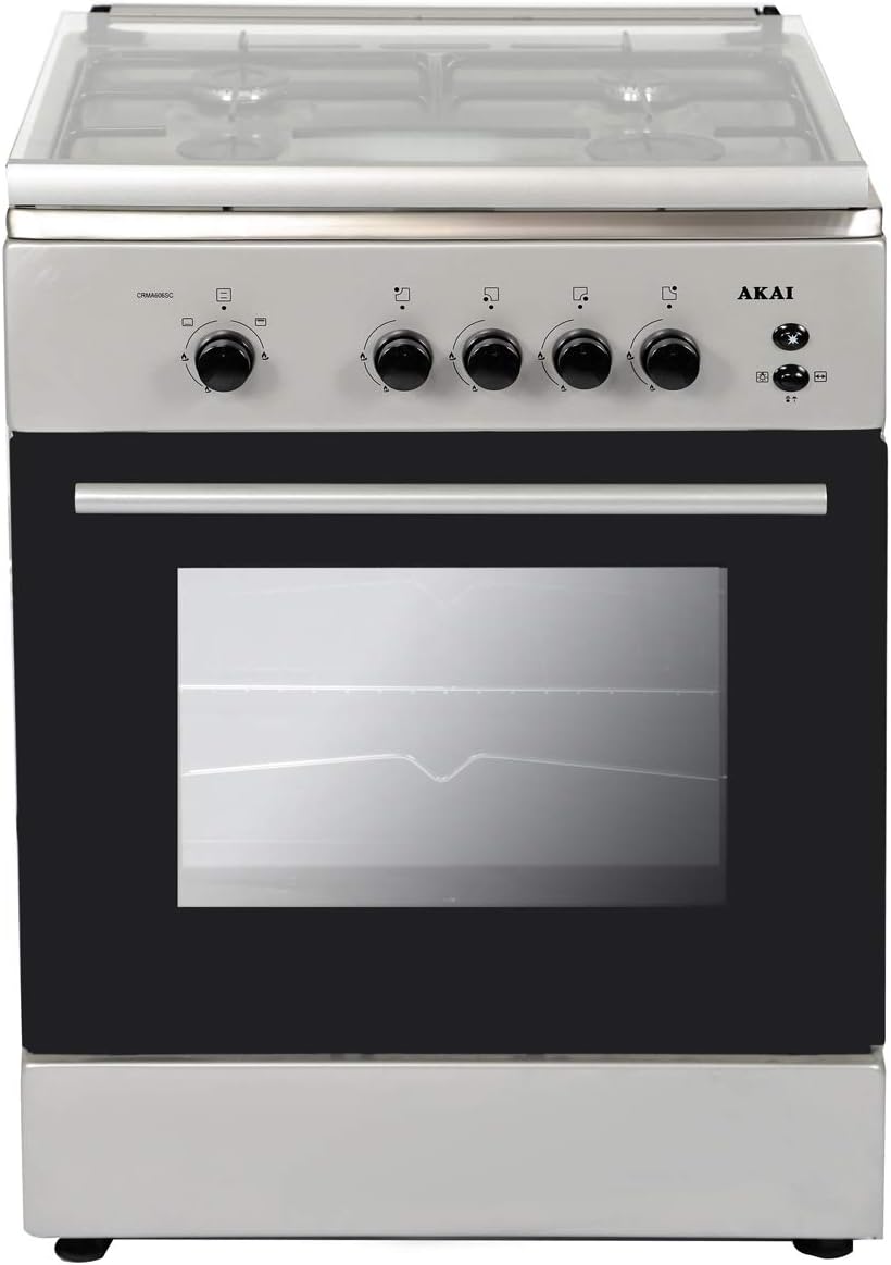 Akai Freestanding Gas Range Cooker With 4 Burners, Silver/Black, CRMA606SC