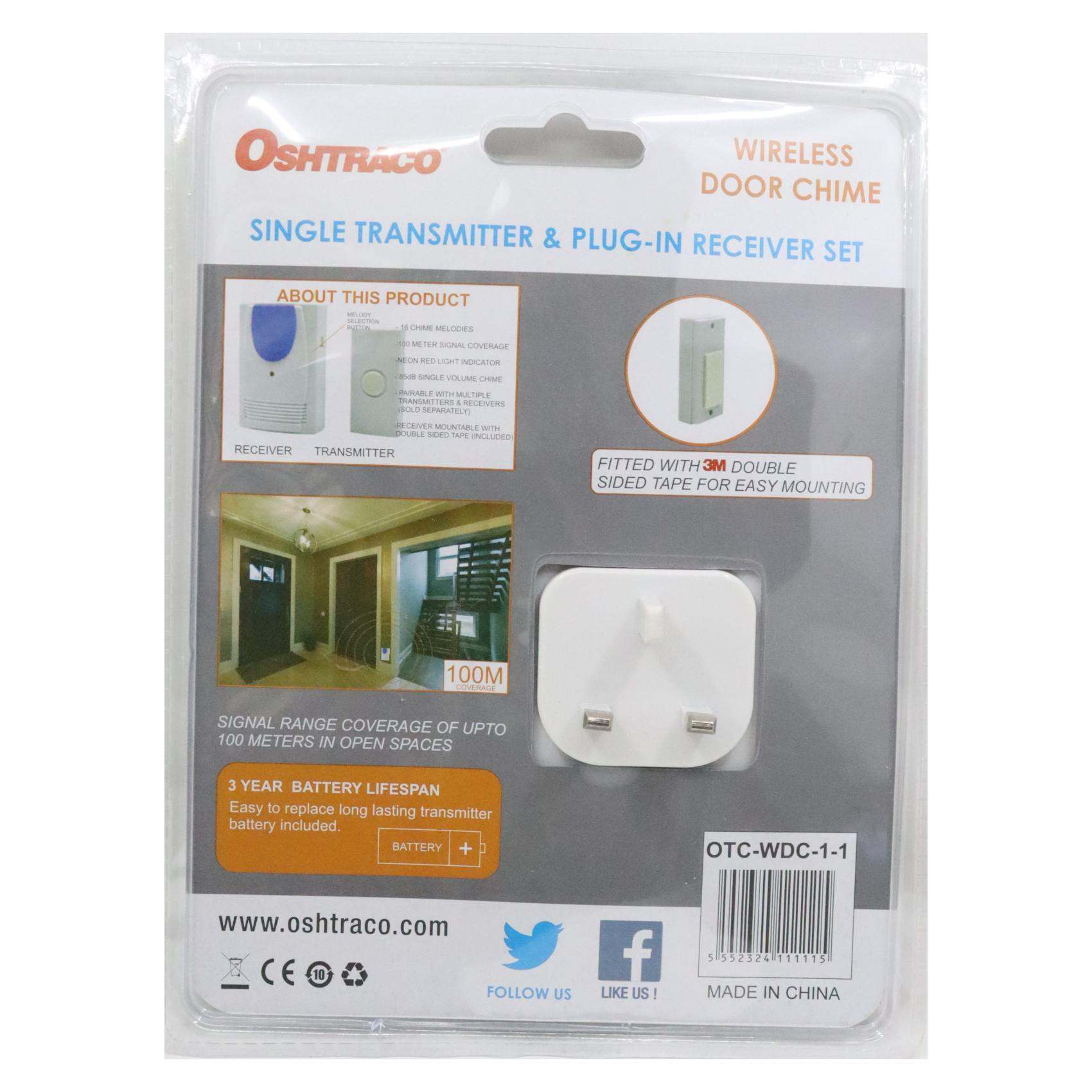 Oshtraco Single Transmitter And Plug-in Receiver Set Wireless Door Chime With Batteries
