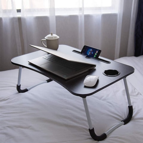 LINGWEI Foldable Laptop Table Bed Table Bed Tray  Laptop Desk Reading Table Stand Portable Lap Desk Notebook Stand Laptop Stand with Ipad and Cup Holder Black