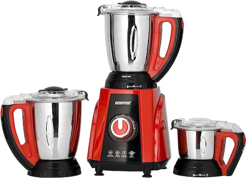 Geepas 3-In-1 Mixer Grinder, 750W, 3 Speed Setting, GSB44040, 1.5L Blending Jar &amp; Grinder Jar, 0.5L Chutney Jar, Pulse Function, Wet &amp; Dry Grinder