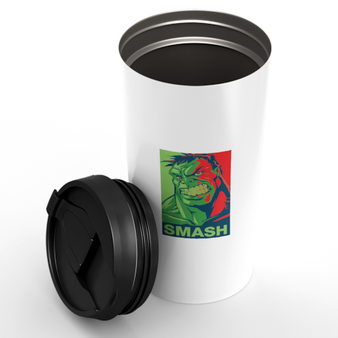 Loud Universe - Hulk Avengers White Travel Tumbler Hulk Smash Retro Comic Hulk Stainless Steel Tumbler with Black Sip Lid