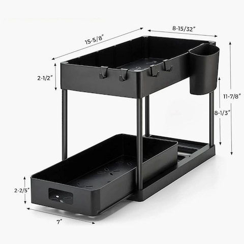 Multipurpose Under Sink Kitchen Organizers and Storage Pull Out Sliding Drawerwith 4 hooks and 1 cup.
