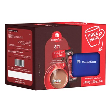 Carrefour Classic 3-In-1 Instant Coffee Mix With Free Mug 20g Pack of 24