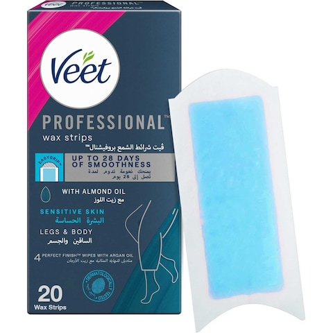 Veet Professional Hair Removal Easy-Gel Legs &amp; Body Wax Strips With Almond Oil For Sensitive Skin Perfect Finish Wipes With Argan Oil Up To 28 Days Of Smoothness, 20 Wax Strips