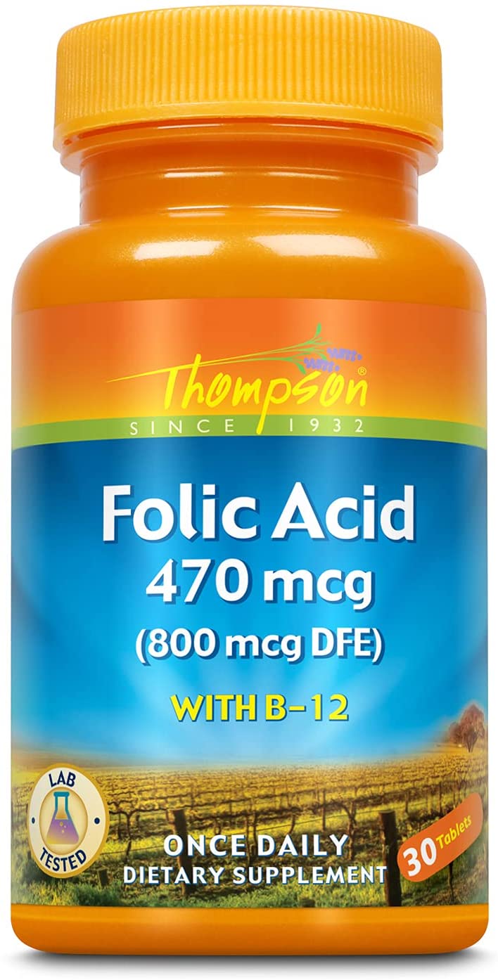 Buy Thompson, Folic Acid, Plus B-12, 800 Mcg, 30 Tablets Online ...