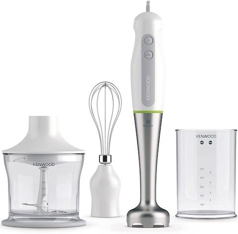 KENWOOD Hand Blender 600W with 500ml Chopper, 500ml Beaker, Whisk, Stainless Steel Wand, Triblade Technology HDP109WG White
