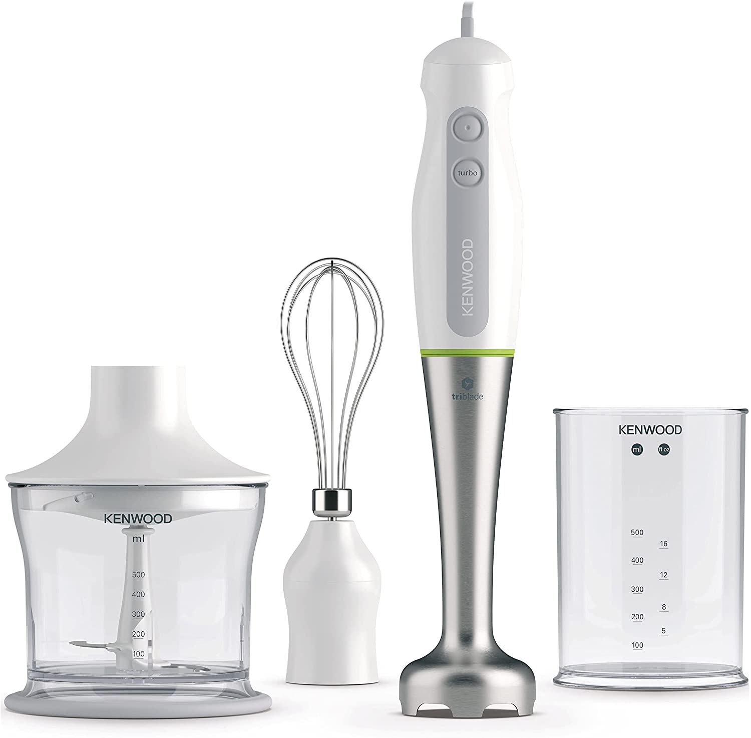 KENWOOD Hand Blender 600W with 500ml Chopper, 500ml Beaker, Whisk, Stainless Steel Wand, Triblade Technology HDP109WG White
