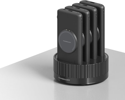 Powerology Upgraded 4 In 1 Wireless 10000mAh MagFit Powerbank Terminal, 4 Set Of Power Banks With Built In Type C &amp; Lighting Cable + 16 USB Ports, Charge Your Entire Family In One Go (Black)