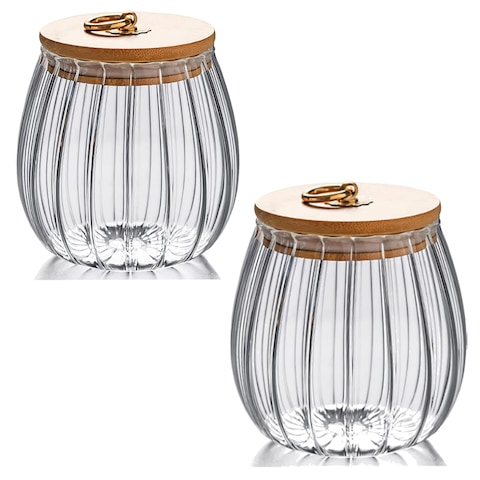 1CHASE&reg;️ Borosilicate Glass Storage Jar With Airtight Bamboo Lid and Metal Handle, Petal Decorative Container, To Store Tea, Coffee Beans, Candy, Spices, Biscuits Set Of 2 -700ML (Oval)&hellip;
