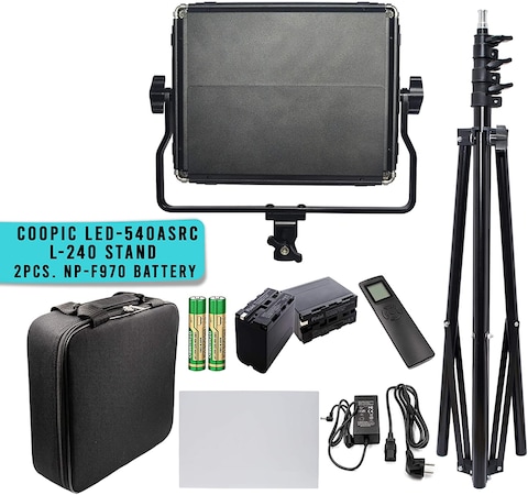 DMK Power Coopic Led-540Asrc Bi-Color LED Video Panel Light With 2 X Np-F970 Battery Light Stand Cri95 Lumen 3400Lux - Metal Housing Outdoor Video Photography Lighting
