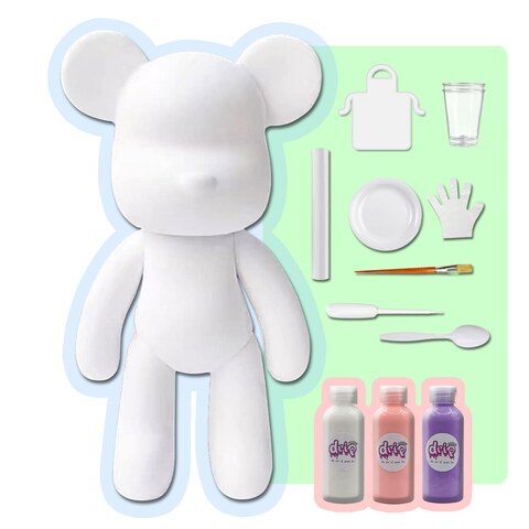 DIY CREATE YOUR OWN UNIQUE ACRYLIC FLUID POURING PAINT BEAR (9 inch - 23 cm) COMPLETE SET, colors: White, Light-Pink, Light-Purple. Arts and Crafts, Customize Handmade Creative Birthday Gift