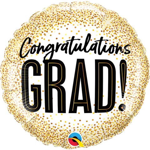 Qualatex Round Congratulations Grad Foil Balloon with Glitter Dots- 18 Inch Size- Gold