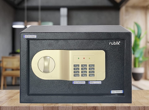 Rubik Safe Box With Key And Pin Code For Home Office Cash Money Jewelry, RB20AJ, (20X31X20Cm) Black