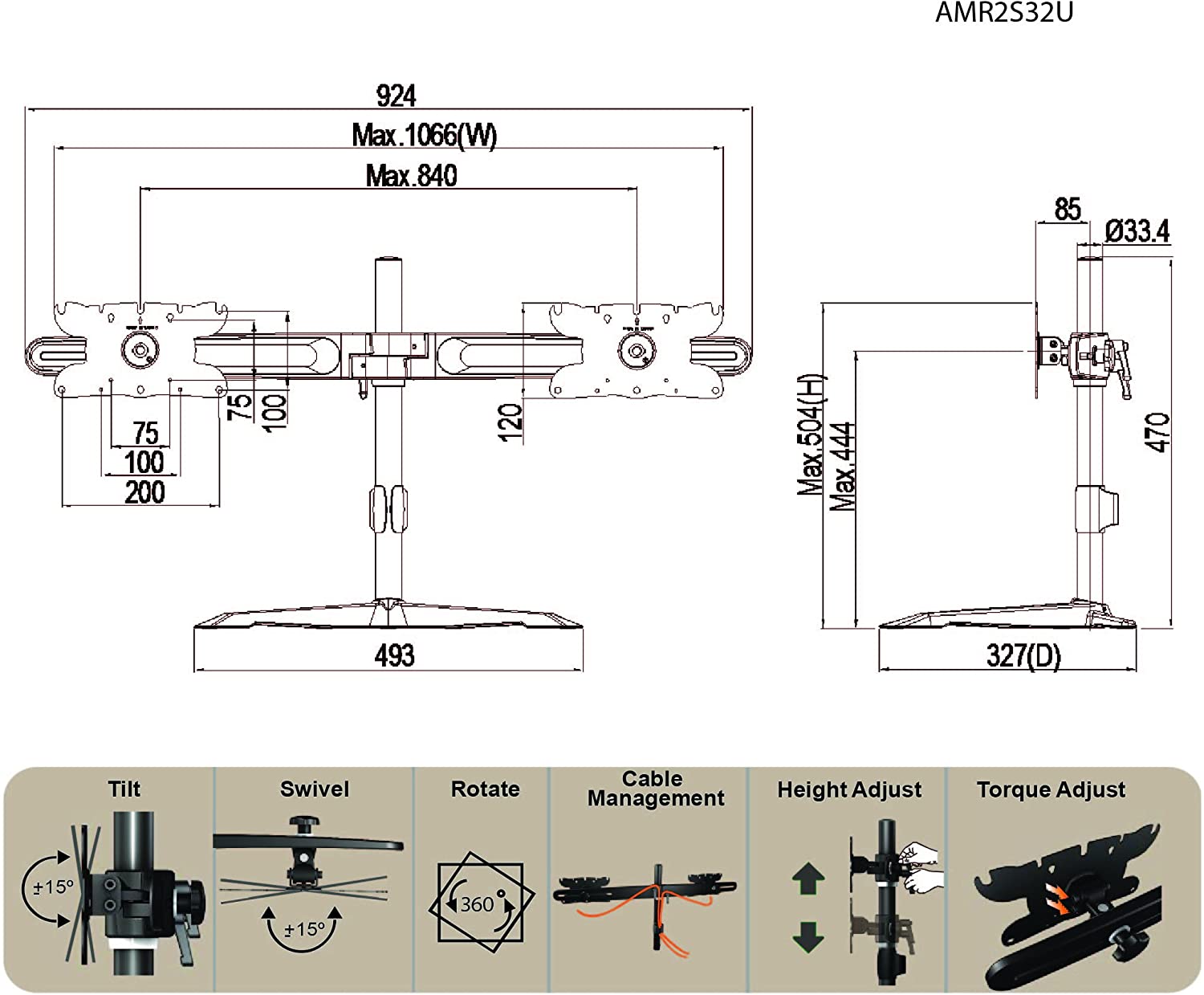 أمر نيتوركس Amernetworks Dual Monitor Stand 32 inch