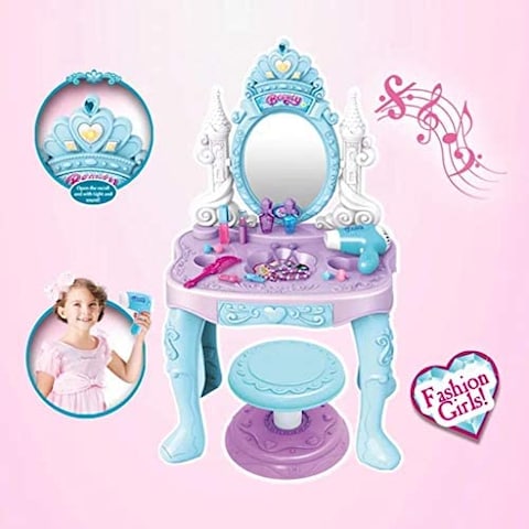 Easy Future Toy Vanity Table Makeup Dressing Table Toy Playset Pretend Play Makeup Kit Toy Vanity With Mirror Lipstick Hair Dryer Jewelry And Chair For Kids Girls Nov77868