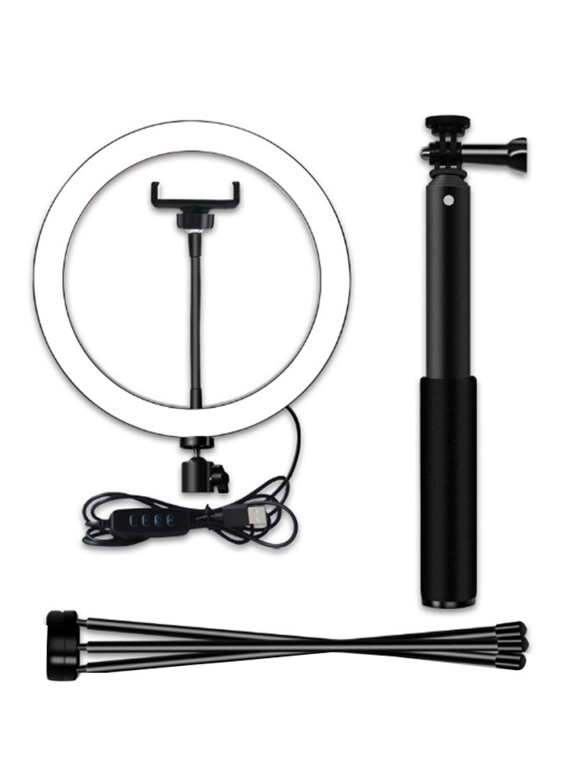 Generic - Dimmable Ring Video Light With Selfie Stick Tabletop Tripod Black/White