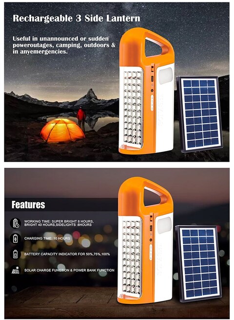 Sonashi Rechargeable 3 Side Lantern With Solar Panel SEL-697SP Orange 15x6.5x20cm
