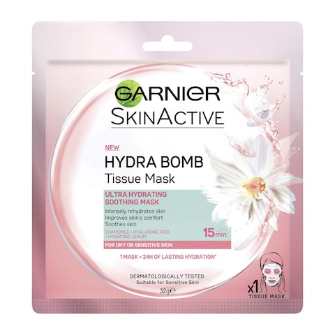 Buy Garnier SkinActive Sheet Mask Hydra Bomb Hyaluronic Acid And Chamomile White 32ml in Saudi Arabia