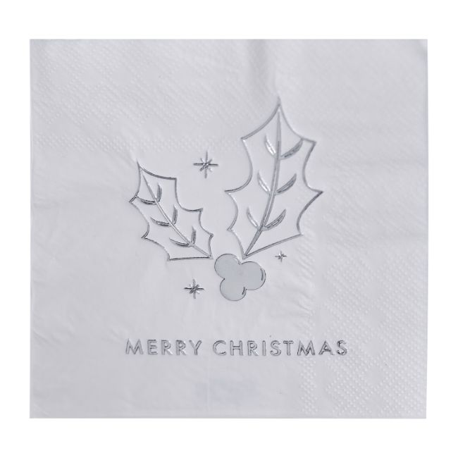 Silver Merry Christmas Holly Cocktail Napkin
