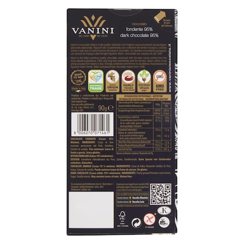 Vanini 95 Cocoa Dark Chocolate Bar 90G