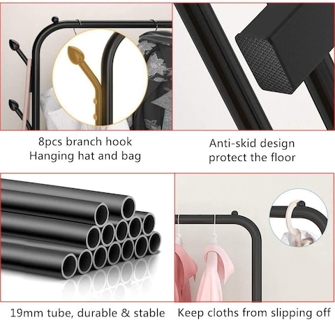 Cloth rack cloth stand Clothes Hanger Stand Clothes Dryer Rail with 8pcs Branch Hook Bottom Storage 110cm Length Large Space for Shoes Clothes Jacket Umbrella Hats Scarf Handbags
