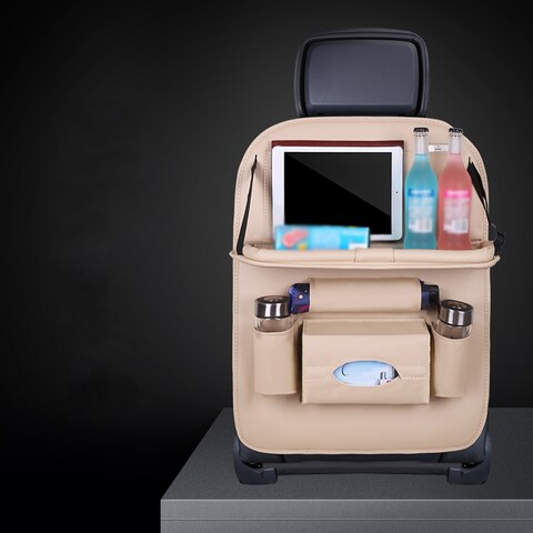 KKmoon - New Car Seat Back Bag Folding Table Organizer Pad Drink Chair Storage Pocket Box Automobile Accessories Beige