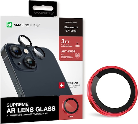 Amazing Thing iPhone 14 and iPhone 14 PLUS Camera Lens Protector Supreme Tempered Glass Aluminum AR Lens Defender - Red