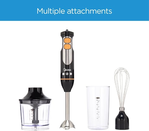 Midea 4-In-1 Hand Blender Chopper &amp; Whisk, Multifunctional Blender With Stainless Steel Blade, 600W Powerful, DC Motor, Low Noise, Variable Speed For Soups-Smoothie-Chopping, Turbo Speed MJBH6001W