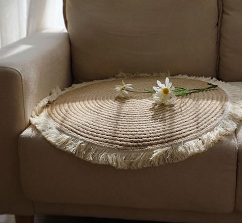 Hand Woven Jute Tassel Round Living Room Carpet With Anti Slip Bottom (Size 80CM)