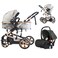 Teknum 3In1 Pram Stroller   Sleeping Bassinet   Extra Wide Seat   Wide Canopy   360&deg; Rotating Wheels   Fully Reclinable   Car Seat Compatible   Coffee Holder   NB - 3 Years + Car Seat - Grey