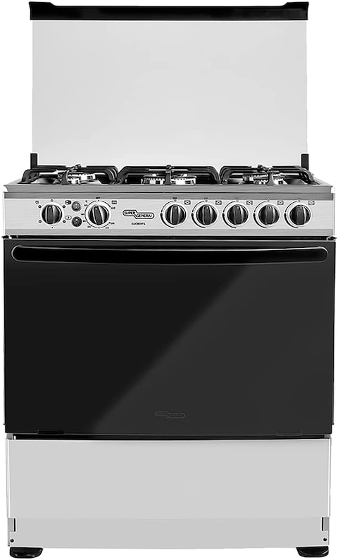 Super General Freestanding Gas-Cooker 5-Burner Full-Safety, Steel Cooker, Gas Oven With Thermostat, Rotisserie, Automatic Ignition, Silver, 75x50x90cm, SGC-801-FS