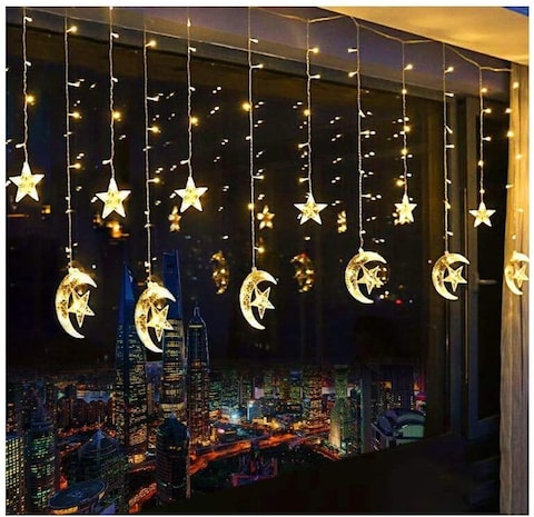 Generic Skeido 138 LED Star Curtain String Lights, Window Curtain String Light Moon Star String Light For Ramadan Wedding Party Home Garden Bedroom Decorations-Eu Plug(Warm White)