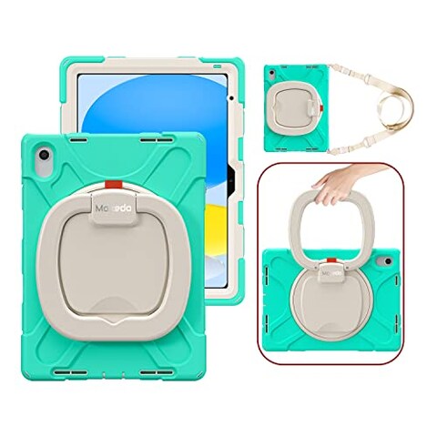 Moxedo Shockproof Rugged Protective Colorful Case with 360 Rotating Kickstand, Shoulder Strap, Pen Holder for Kids Compatible for iPad 10th Generation 10.9 2022 (Mint Green)