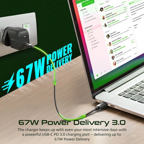 Promate GANCUBE-67.BLACK-UK USB Type-C GaN UK Wall Charger with 67W Power Delivery USB-C 3.0 Port