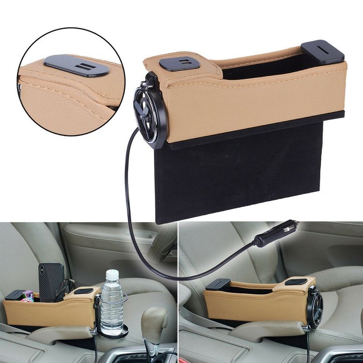 Double USB Port Multi Function Leather Catcher Box Car Seat Cup Coil Pocket Storage Organizer One Side  Fan Type 1 Pcs
