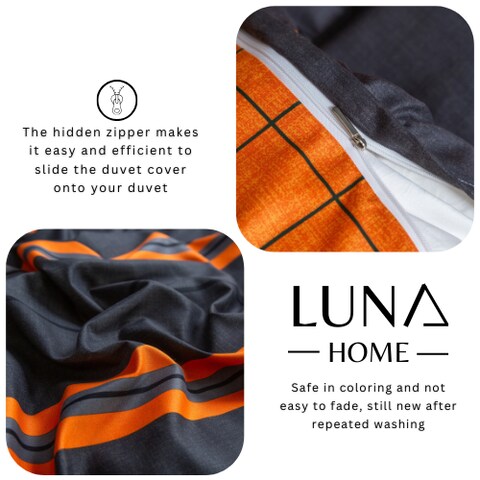 Luna Home Queen size 6 pieces, without filler, orange &amp; grey stripes design.