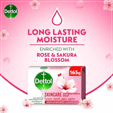 Dettol Skincare Antibacterial Bathing Soap Bar, Rose &amp; Sakura Blossom, 165g