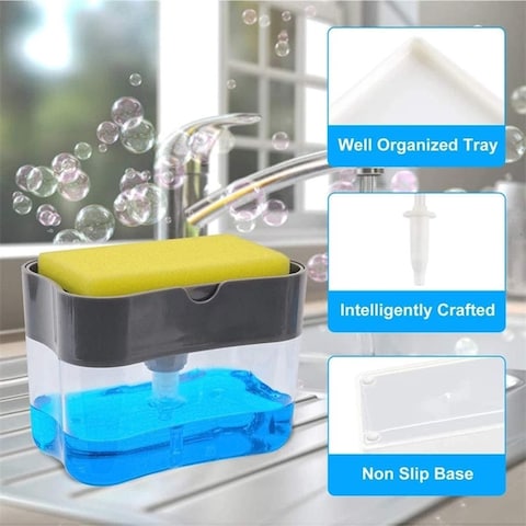 Doreen 2-in-1 Sponge Rack Shelf Soap Detergent Dispenser Pump Large Capacity with Sponge 1 Hand Operation (A, 5.1X3.35X3.5 Inches)