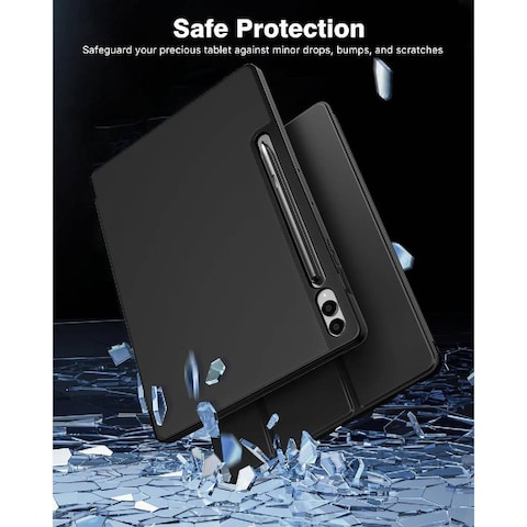 Case For Samsung Galaxy Tab S9 FE+ 12.4 Inch, Slim Translucent Back Tri-Fold Stand Protective Tablet Cover, Support S Pen Charging, Auto Wake/Sleep (Black)